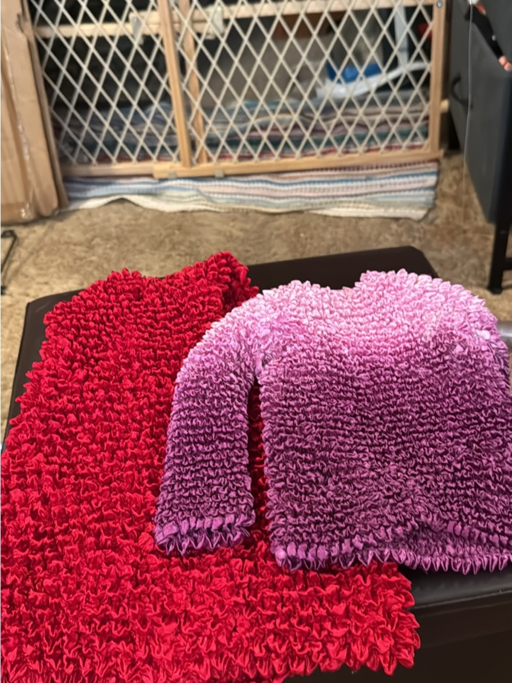 Red and Pink Textured Women's Sweaters - Ombre Pink Crewneck and Solid Red Knit